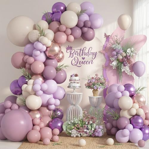 Image of Dusty Purple Balloons Garland Arch Kit, Pink Purple Metallic Rose Gold Balloon, Lilac Retro Pink Sand White Balloon for Boho Baby Shower Bridal Wedding Birthday Mother's day Butterfly Party Decoration