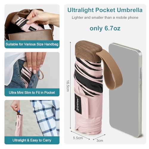 G4Free Mini Travel Folding Umbrella for Purse, Compact UPF 50+ UV Protection Sun & Rain Small Umbrella, Lightweight Portable Parasol Fits in Pocket, Wallet for Women Men(Pink) - Thumbnail 3