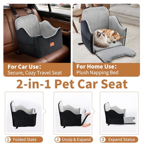 XEEP Dog Car Seat Bed for Small/Medium Dogs – Dog Booster Car Seat Up to 35 lbs -Use Travel Booster Seat with Memory Foam, Safety Belt, Bonus Urine Pad & Blanket, Removable Washable (Black/Grey) - Image 3