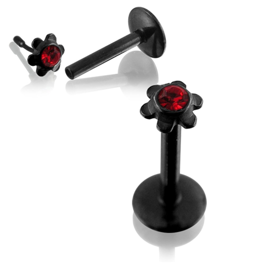 Gem Flower Shape Push Fit Black Anodized Surgical Steel Madonna Labret Body jewelry