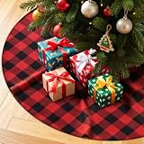 SeasonBliss Christmas Tree Skirt 24 Inch – Red and Black Tree Mat for Holiday Home Decor, Outdoor Party Supplies, Christmas Tree Stand Cover with Ornaments Design, Reusable for Festival Season