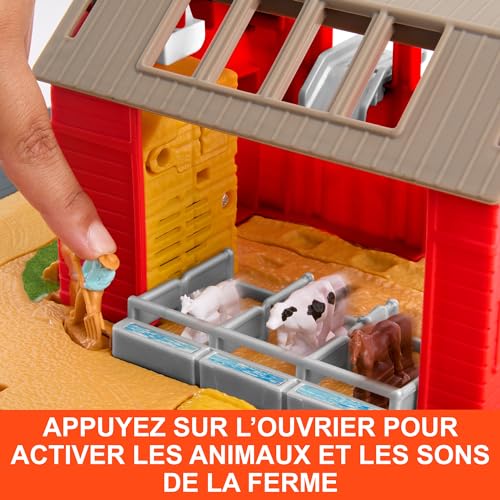 Matchbox Action Drivers Aventure à la ferme Coffret de jeu avec tracteur à l’échelle 1/64, remorque, 2 bottes de foin, figurines de chèvre, de cheval et de vache amovibles, sons réalistes, HRY42