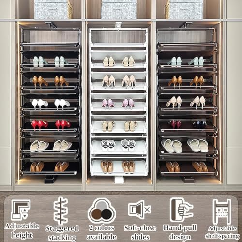 Pull Out Shoe Rack Rotating Shoe Cabinet Cabiner Rotate Rotating Shoe Storage Rack for Wardrobes Retractable，Shoe Rack, 360° Rotating Adjustable Tall Slim Metal Organizer for Small Closets,