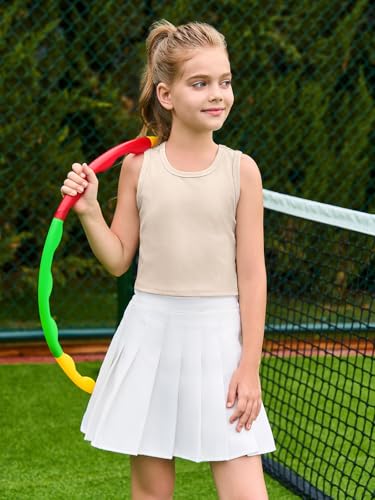 Image of Haloumoning Girls Tank Tops Kids Athletic Ribbed Knit Sleeveless Crop Tops Basic Camisole 5-14 Years