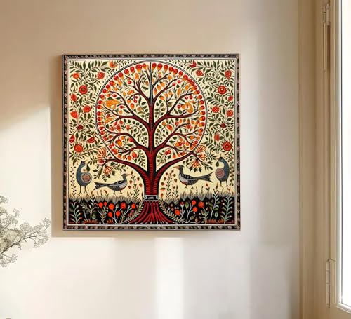Image of PAINTINGMANTRA Madhubani Folk Art Stretched Canvas Painting for Living Room | Tree Birds Painting Wall Decor Art For Livingroom, Bedroom, Office, Hallways - 16x16 Inch