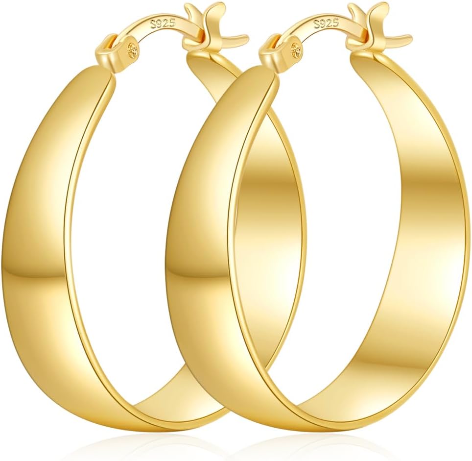 Sterling Silver Hoop Earrings, 8MM Wide Hypoallergenic Silver Hoop Earrings for Women, Lightweight Thick Chunky Hoops Earring for Women Jewelry Gifts 30/40/50/60MM