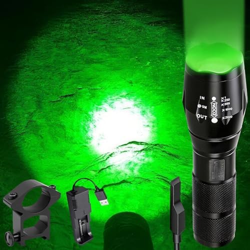 VASTFIRE 350 Yard Green Hunting Light Zoomable Flashlight Hog Predator Lights with Pressure Switch Picatinny Rail Mount 1 Inch to 30mm Scope Mount Gift Carrying Case