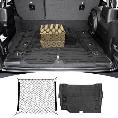 JTYZSM Trunk Mat with Net for 2021-2025 Jeep Wrangler JL Unlimited 4XE Accessories All Weather Protection Rear Trunk Liner Cargo Net for 21-25 JL JLU 4XE 4 Door(Not for 4X4)