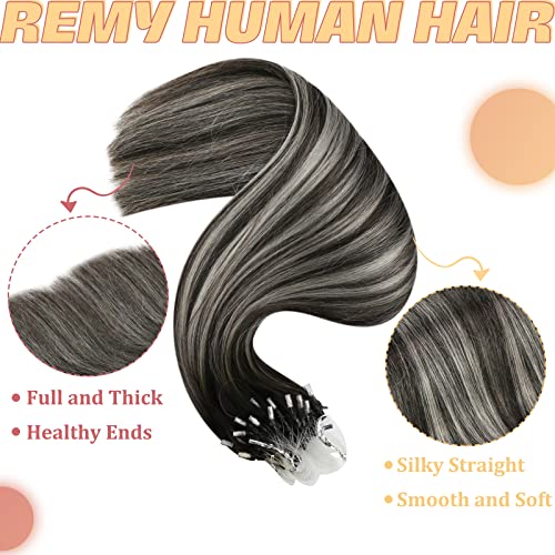 YoungSee Micro Loop Hair Extensions Black 18 inch Remy Micro Beads Hair Extensions Ombre Black to Silver Microrings Hair Extension Silver for Role Playing Cold Fusion 50s/50g - Image 4