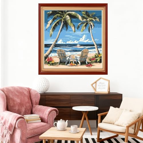 Image of Joyhoor Stamped Cross Stitch Kits for Beginners Needlepoint Kits for Adults Embroidery Kits 11CT Counted Cross Stitch Kits Printed Embroidery Pattern-Drinking Tea Under Coconut Tree 18x18 inch