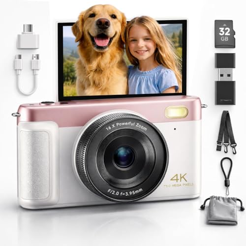 4K Digital Camera for Photography, Compact Point and Shoot Camera 75MP Autofocus Vlogging Camera with WiFi, 3" 180° Flip Screen, 16X Zoom Anti-Shake, 32GB SD for Beginners, Teens