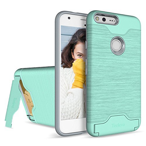 Google Pixel Case, Teelevo [Card Slot Holder] Dual Layer Shock Absorption Protective with Credit Card Slot and Kickstand Wallet Case Heavy Duty Bumper for Google Pixel (2016) - Mint Green