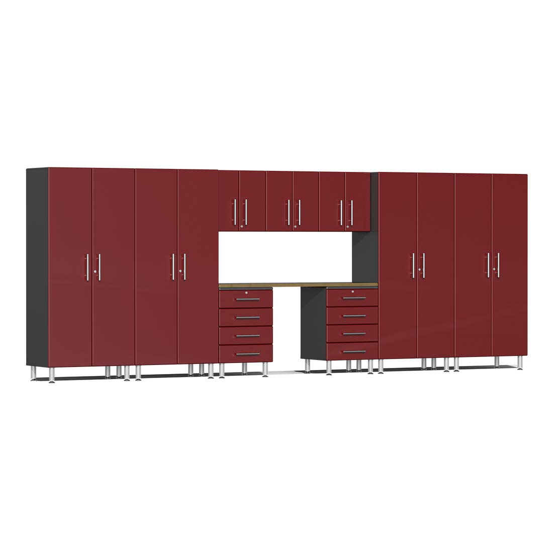 Ulti-MATE UG22102R 10-Piece Garage Cabinet Kit with Bamboo Worktop in Ruby Red Metallic