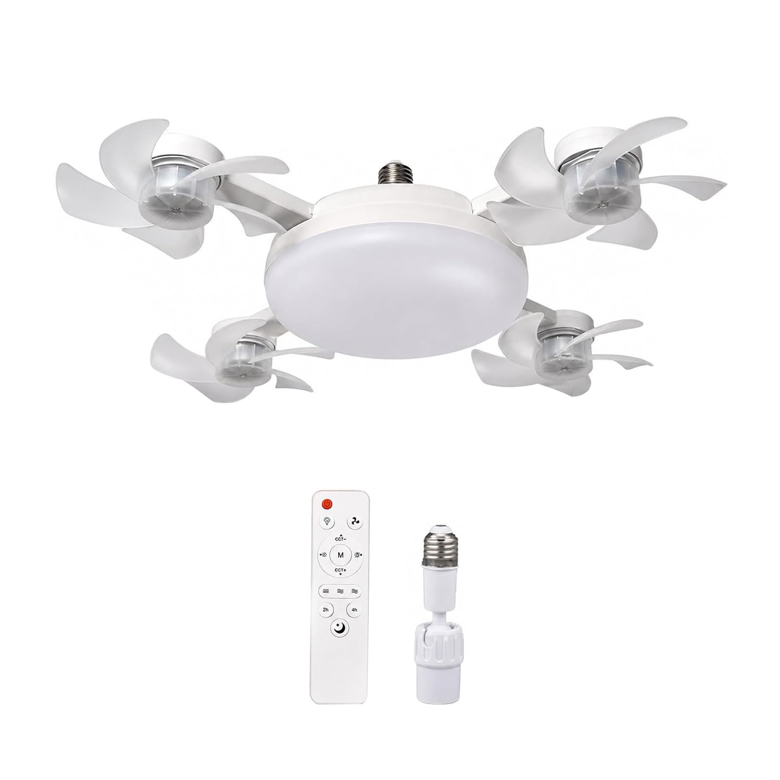 Ceiling Fan with Light and Remote Control, Foldable Blade Silent LED Fan Light, E27 Socket Fitting, 3-Speed Dimmable Lamp for Bedroom Kitchen, 40-60cm Adjustable White 4pcs C