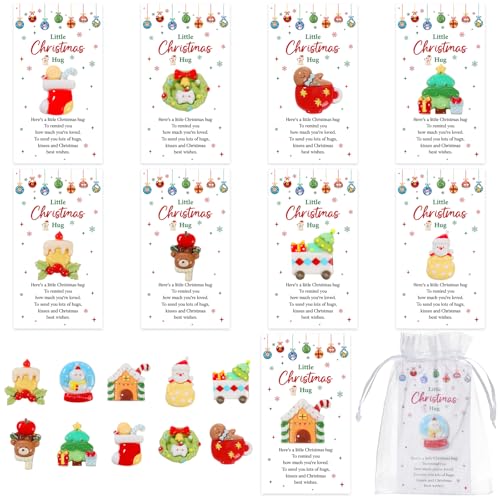 NEWEST 10 Sets Christmas in July Pocket Hug Gifts Bulk, Cute Resin Santa Snowman Elk Tokens with Inspirational Cards & Organza Bags, Emotional Support Keepsake Gift Set for Employee Appreciation, Coworker, Friend, Family (Multicolor)