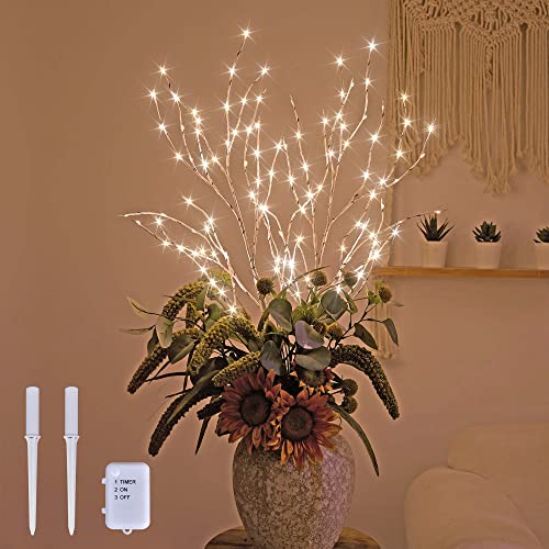 LIGHTSHARE Lighted 32IN Artificial Twig Birch Tree Branch with 120 Fairy LED Lights Battery Operated with Timer for Spring Thanksgiving Christmas Decoration Indoor Outdoor Sticks, White