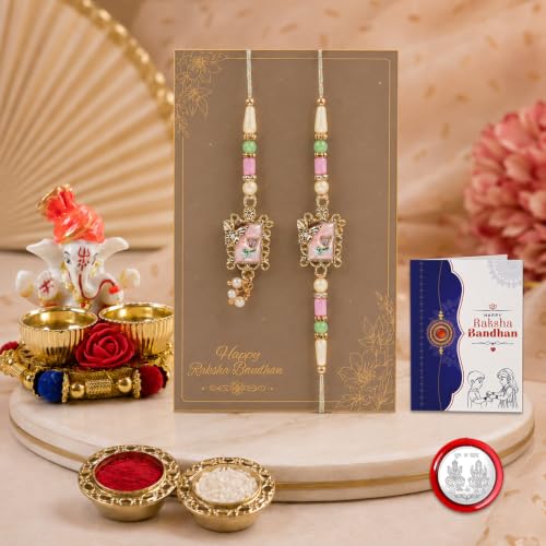 Image of Oblivion Designer Handcrafted Multicolor Lumba Rakhi Combo for Brother Bhaiya with Ganesha Thali, Roli Tikka, Silver Color Pooja Coin & Greeting Card | Raksha Bandhan Festival Gift Set | Pack of 5