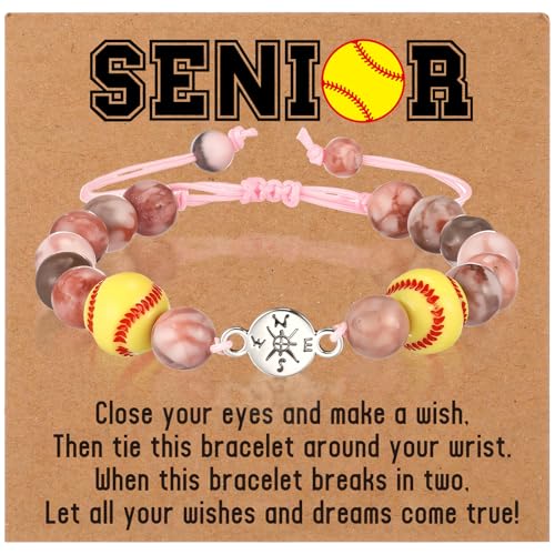 Ecation Softball Senior Night Bracelet Gift Set Softball Compass Adjustable Natural Stone Beaded Bracelet with Inspirational Card, Box, 2025 Senior Night Gift for Player Coach Daughter Granddaughter