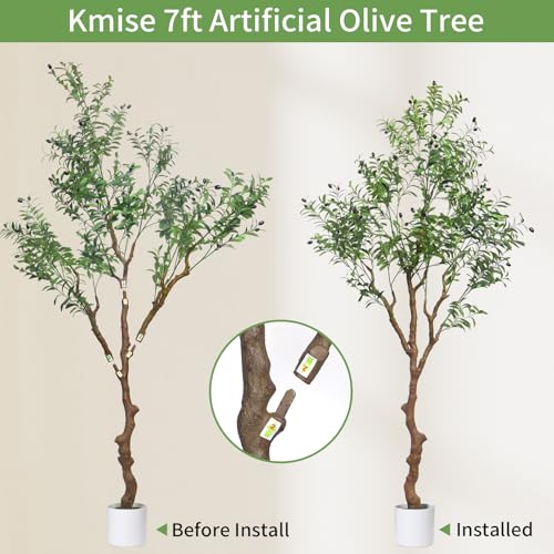 Kmise 7ft Faux Olive Tree, Artificial Olive Tree Indoor with Realistic Leaves and Fruits, Fake Potted Topiary Tree for Living Room Office Home Décor(1 Pack) - Image 6