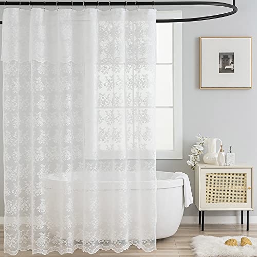 TUDECO White Lace Shower Curtain with Attach Valance Elegant Floral Shower Curtain Lace for Bathroom Vintage Sheer Scalloped French Country Bathroom Decor 72 x 72 Inch 1 Panel