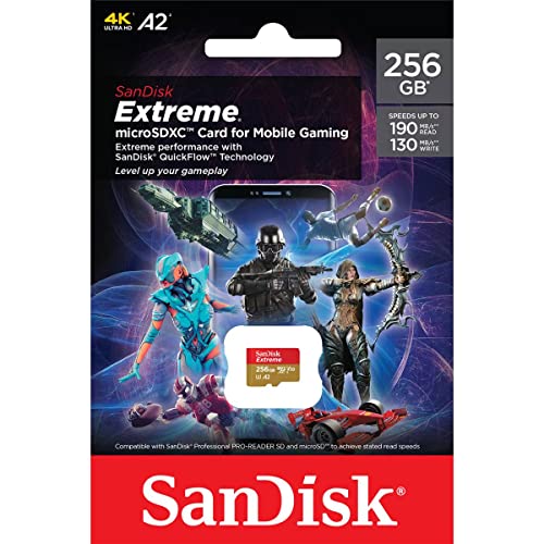 SanDisk Cartão microSDXC extremo de 256 GB para jogos móveis, até 190 MB/s, com desempenho de aplica