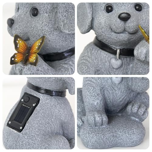 Tuzsocr Solar Hund Gartenfigur mit Schmetterling LED, Kunstharz, Stil 1