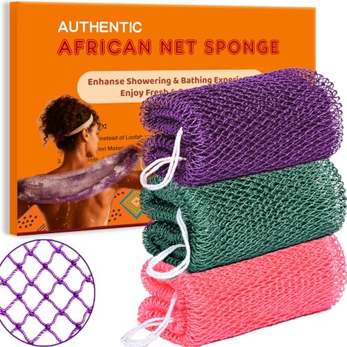 African Net Sponge Authentic, 3 Pieces African Exfoliating Net Sponge Body Back Scrubber Exfoliating Washcloth for Shower Bath for All Types Skin (Purple+Pink+Olive Green, 3 Pcs)