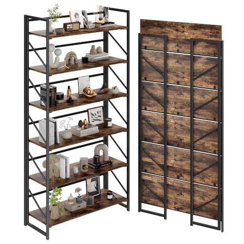 Image of JSB 6 Tier No Assembly Folding Bookshelf, 30.7 inch Wide Foldable Storage Bookcase for Home Office, Space-Saving Storage Shelf for Living Room (Fire Brown)