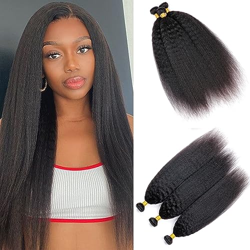Huarisi Yaki Straight Bundles Human Hair 22 24 26 inch 3 Bundles Kinky Straight Weaves 300g 8a Unprocessed Brazilian Virgin Hair Double Weft Remy Hair Extensions for Black Women Natural Color