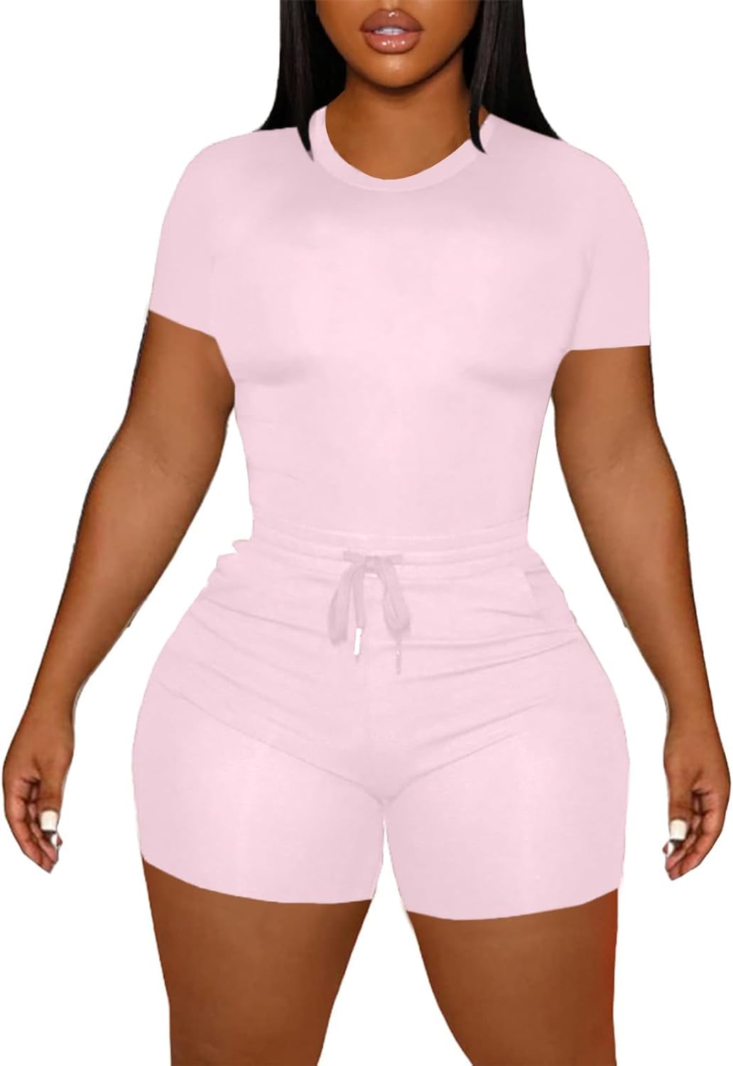 LovelyWholesale Women's Summer 2 Piece Outfits Skinny Shorts Tracksuit Sets