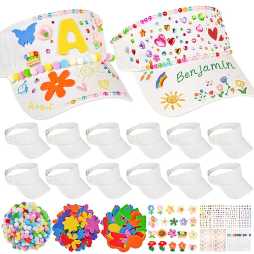 Cinrobiye 12 Set DIY Sun Visor Hat Bulk Decorate Your Own Cap Activity with Accessories DIY Painting Creative Adjustable Sun Visor Hats for Summer Sports Tennis Beach Birthday Party Craft Supplies