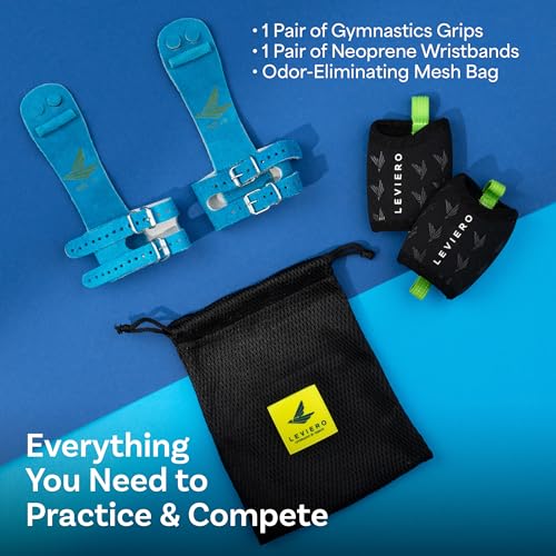 LEVIERO Gymnastics Grips Set Narrow Squeeze, Grips for Gymnastics Girls, Dowel Grips with Soft Leather, Double Buckle Wrist Closure, and Adjustable Finger Holes, for All Ages - (Aqua, 0)