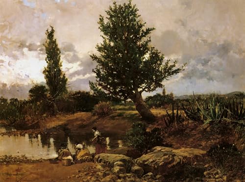 Affiche Toile Lavandière au bord d'une rivière pour salon élégant