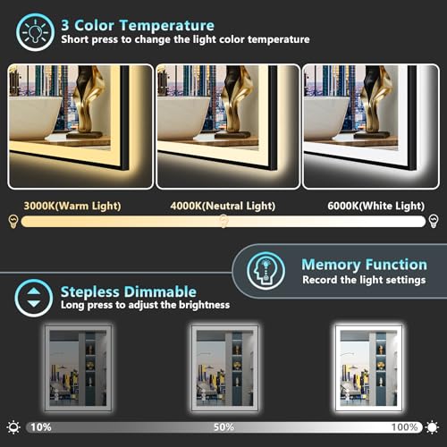 Image of 24x32 Black Framed LED Bathroom Mirror with Lights, Backlit and Front Lit Anti-Fog Lighted Vanity Mirror for Bathroom Wall, Dimmable, 3 Colors, Memory, Shatter-Proof, HD Tempered Glass, CRI 95