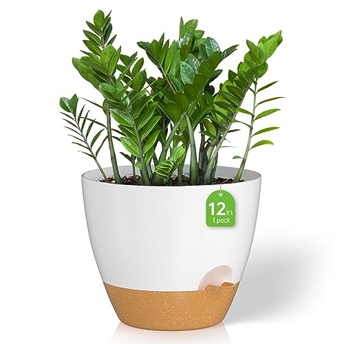 ZMTECH 1 Pack 12 Inch Plant Pots with Watering Lip Self Watering Planters with Drainage Holes and Removable Saucer Plastic Flower Pot for Indoor Outdoor Plants (White with Brown)