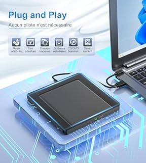 Lecteur CD/DVD Externe pour PC, Ultramince USB 3.0 et USB-C Graveur DVD Externe Optique Portable CD/DVD -/+RW Drive, Mince DVD Player Transmission Rapide Câble USB Intégrée pour Windows/MacOS/Laptop