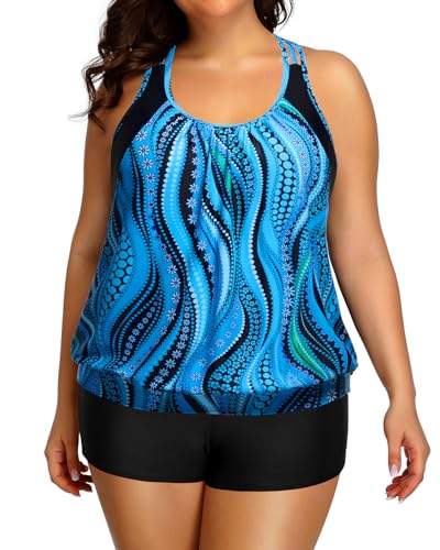 Image of Womens Plus Size Tankini Swimsuit Two Piece Tummy Control Bathing Suit | Blouson Racerback Tankini Top with Shorts, Double Up Design, Removable Pad