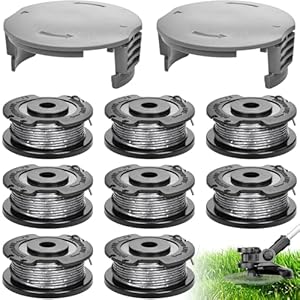 Gigmeta 10 Stück Set Ersatz Rasentrimmer Spule Funktioniert Mit Bosch Easy GrassCut18-230 Rasentrimmer, Ø 1, 5mm, 6.1m Länge, EnthäLt 8 Stück Rasentrimmer Faden und 2 Stück Kappendeckel