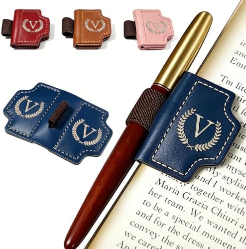 Magnetic Initial Leather Bookmark with Pen Holder(Blue,V) image 2