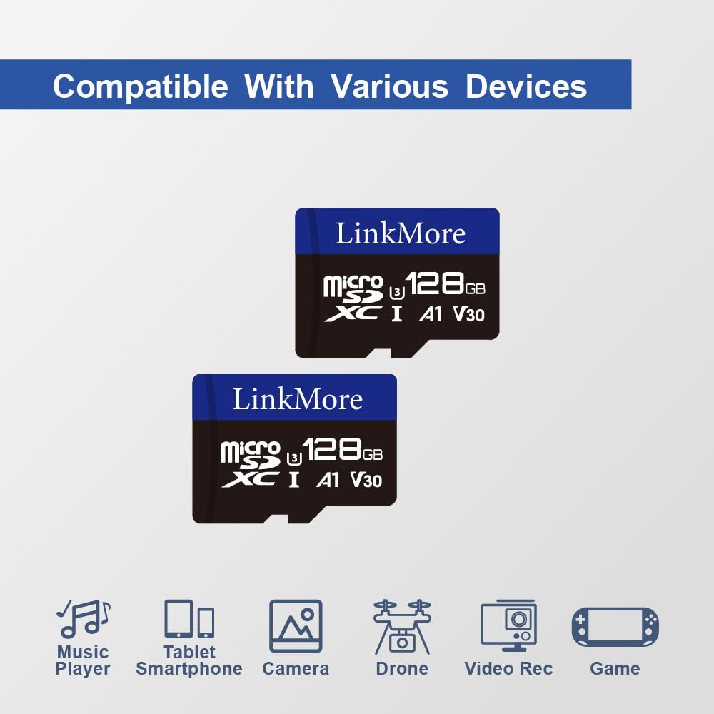 LinkMore Scheda Micro SDXC da 128 GB (2 pezzi), A1, UHS-I, U3, V30, compatibile con classe 10, velocità di lettura fino a 95 MB/s, velocità di scrittura fino a 45 MB/s, adattatore SD incluso
