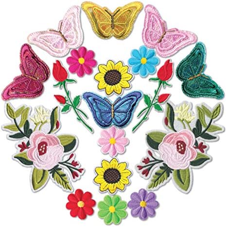 HeyaZea 18pcs Cute Butterfly Flowers Embroidered Iron On Patches Colorful Sewing On Patches Appliques for Clothes Jackets Hats Backpacks Jeans; Kids Children Teens Girls Ladies; Roses DIY Crafts
