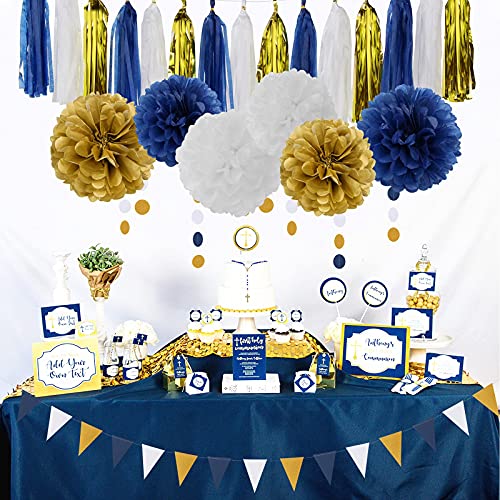 Image of Navy Blue White Gold Party Decoration 23pcs Kits-Paper Flowers,Banner Flags,Circle Banner,Tassel Garland Birthday Bachelorette Boy Baby Shower Gender Reveal Graduation Decorations Lasting Surprise