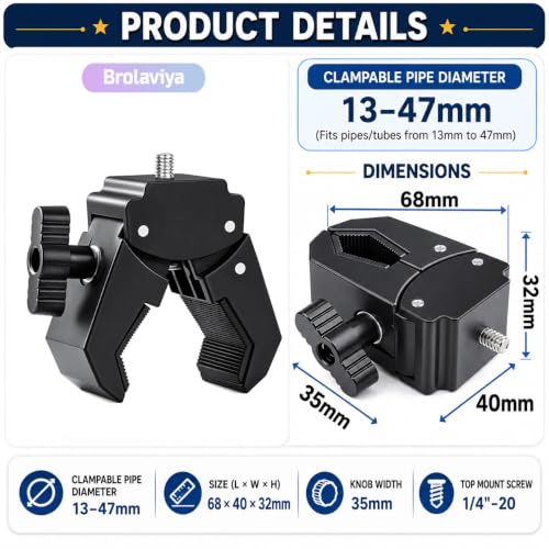 Image of Brolaviya Camera Super Clamp with Male 1 /4 inch-20 Screw Mount, Adjustable Crab Clamp for Photography Equipment, Monitor, LED Light, Action Camera, Fits 13-47mm Pipes, Rods & Bars