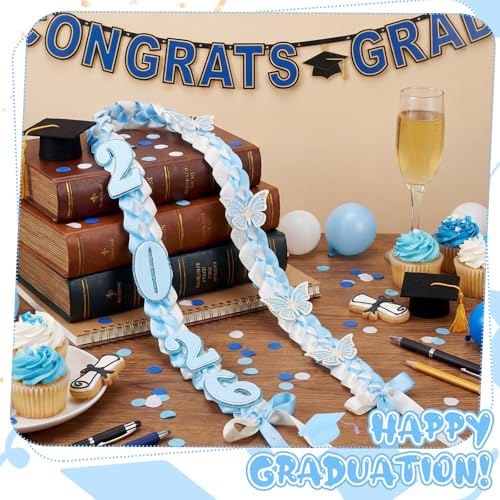 Mindsoft 6 Pack Graduation Lei Class of 2026 Grad Ribbon Leis 60 Inch Braided Necklace with Pearls Butterfly Handmade Grad Cords for High School College Senior Night Party(Dusty Blue,Basic Number) by Mindsoft - Used condition - Image 3
