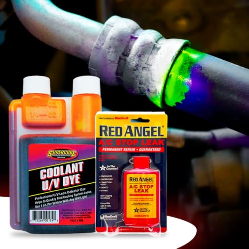 Automotive A/C & Coolant Leak Repair Kit – Red Angel Stop Leak + Radiator Coolant Water Based UV Detection Dye – Easy Fix for R134a and Engine Cooling Systems