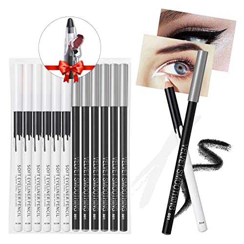 12 Stück Erinde Eyeliner (6 Schwarz + 6 Weiß), Lying Eye Brightener Stick, Eyeshadow Pencil, wasserdicht, hypoallergen, Eyeliner, Make-up-Stift, wird mit einem Spitzer geliefert.