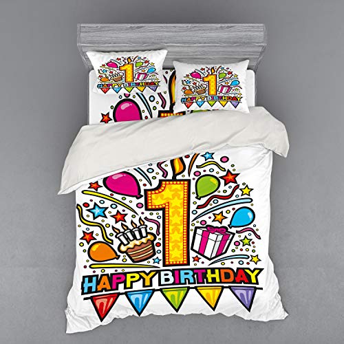 Ambesonne 1st Birthday Duvet Cover Set, Cartoon Pop Art Style