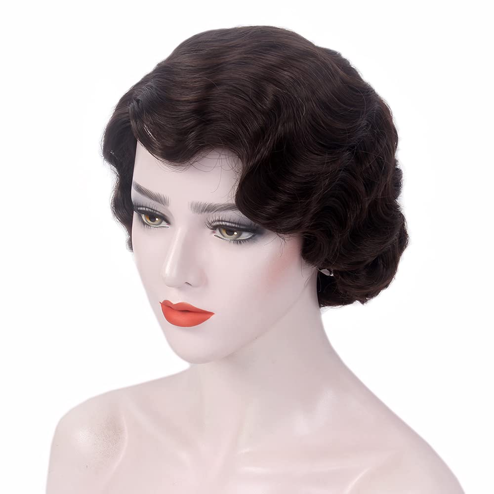 REEWES Short 1920s Finger Wave Wig - Curly Synthetic Heat Resistant Full Wig With Cap, Brown(Short) - Image 3