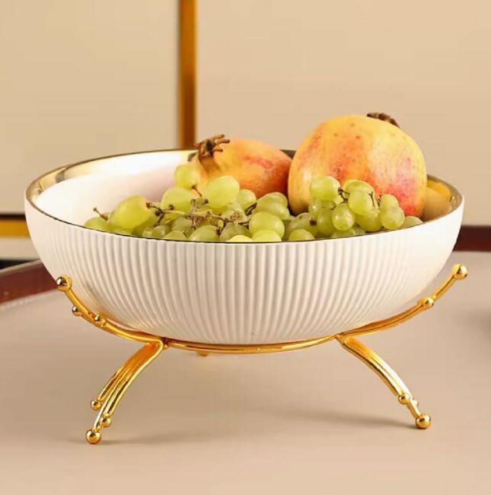Junyfff White Ceramic Fruit Bowl For Kitchen Counter, 9.5-Inch Rotundity Large Fruit Bowls Or Fruit Basket For Breads, Snacks,Vegetables,Salad,Cream,