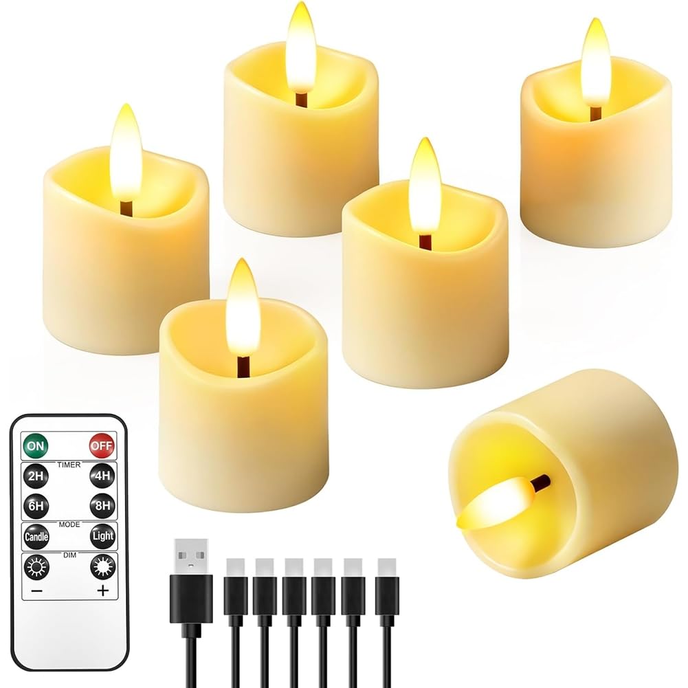 UDSKNV[KSL Flickering Tea Light Candles Rechargeable Flameless with Remote Timer, 1.5" X 2" Battery Operated 6 Pack
